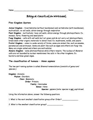 biological classification worksheet answers